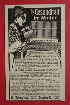 Blatt Historische Werbung Rodenstock Humidophor 1905 Luftbefeuchter Heizung Dresden